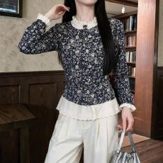 批发法式假两件蕾丝拼接碎花<b class='q'>衬衫</b>女秋季新款气质宽松减龄百搭长袖<b class='q'>衬衣</b>