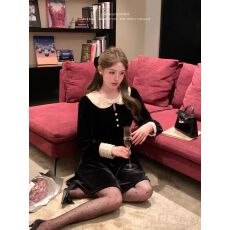 批发【杨小卷 11/1 10:00 上新首发享85折】赫本千金<b class='q'>娃娃</b>领黑色丝绒裙