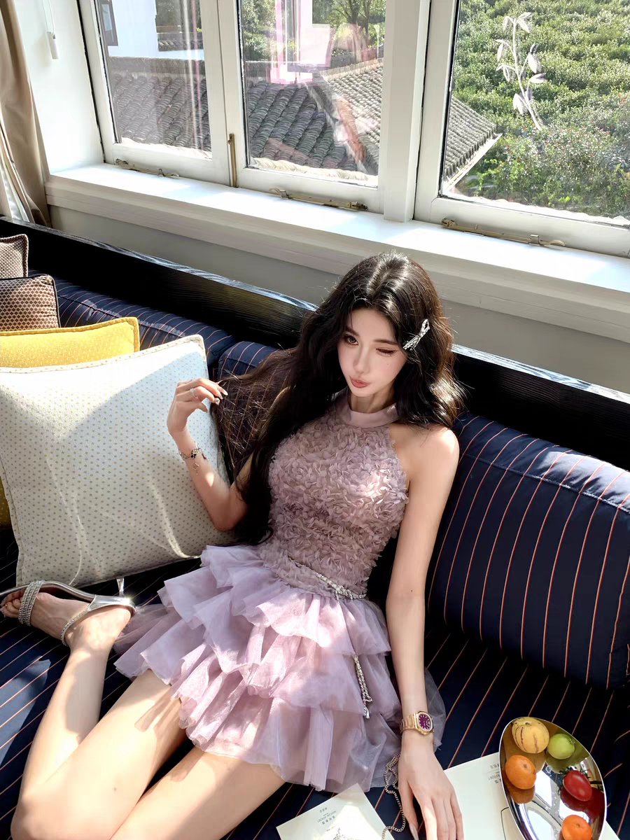 안개 보라색 발레 행침 목 케이크 드레스 barb chill 자카드 드레스 생일 치마