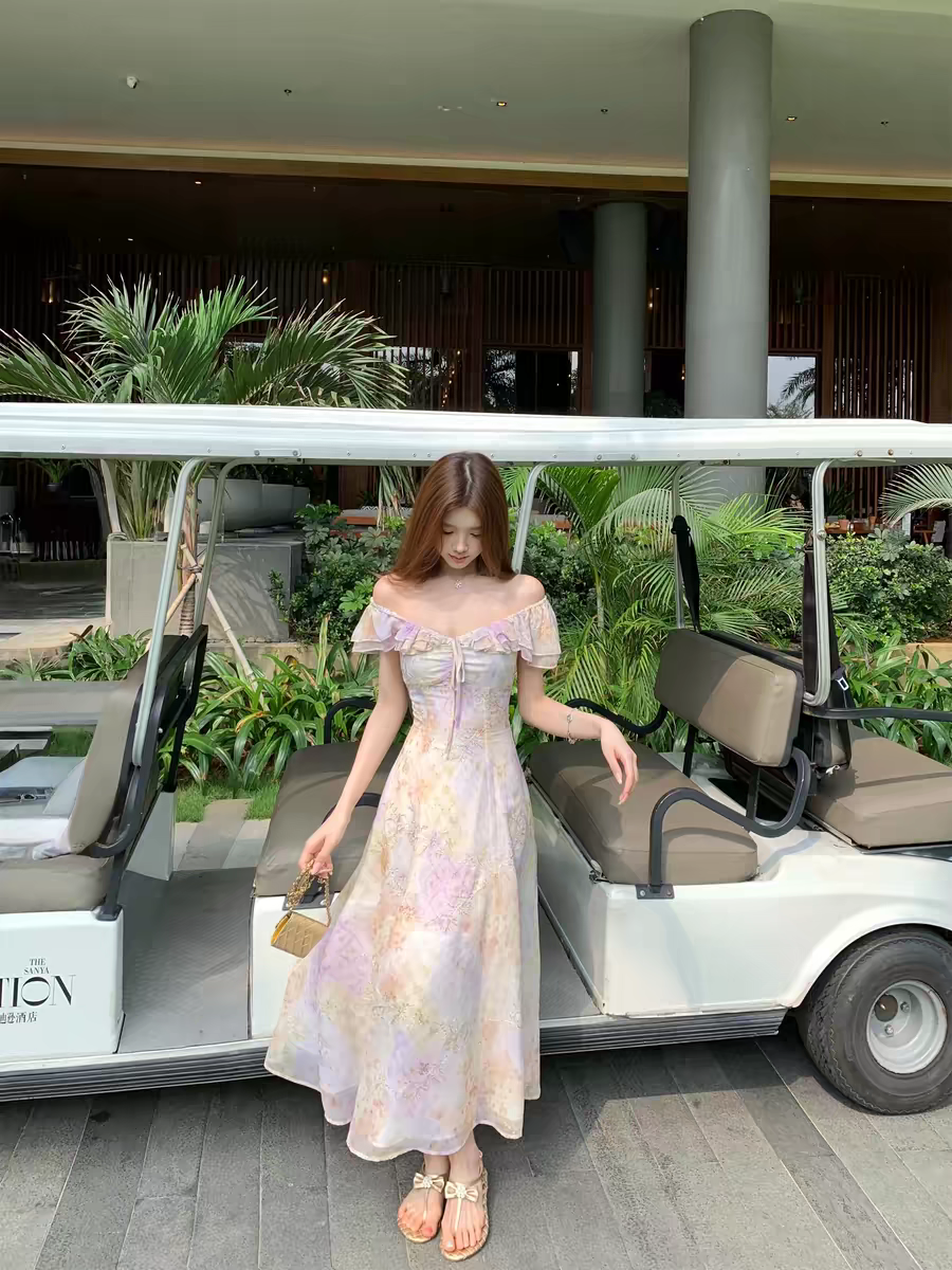 q 여자 집 4 30 취리히 갤러리 부드러운 요정 가스 오프숄더 둘 착용 자수 연꽃 잎 인어 꼬리 몸매 가꾸기 롱 스커트