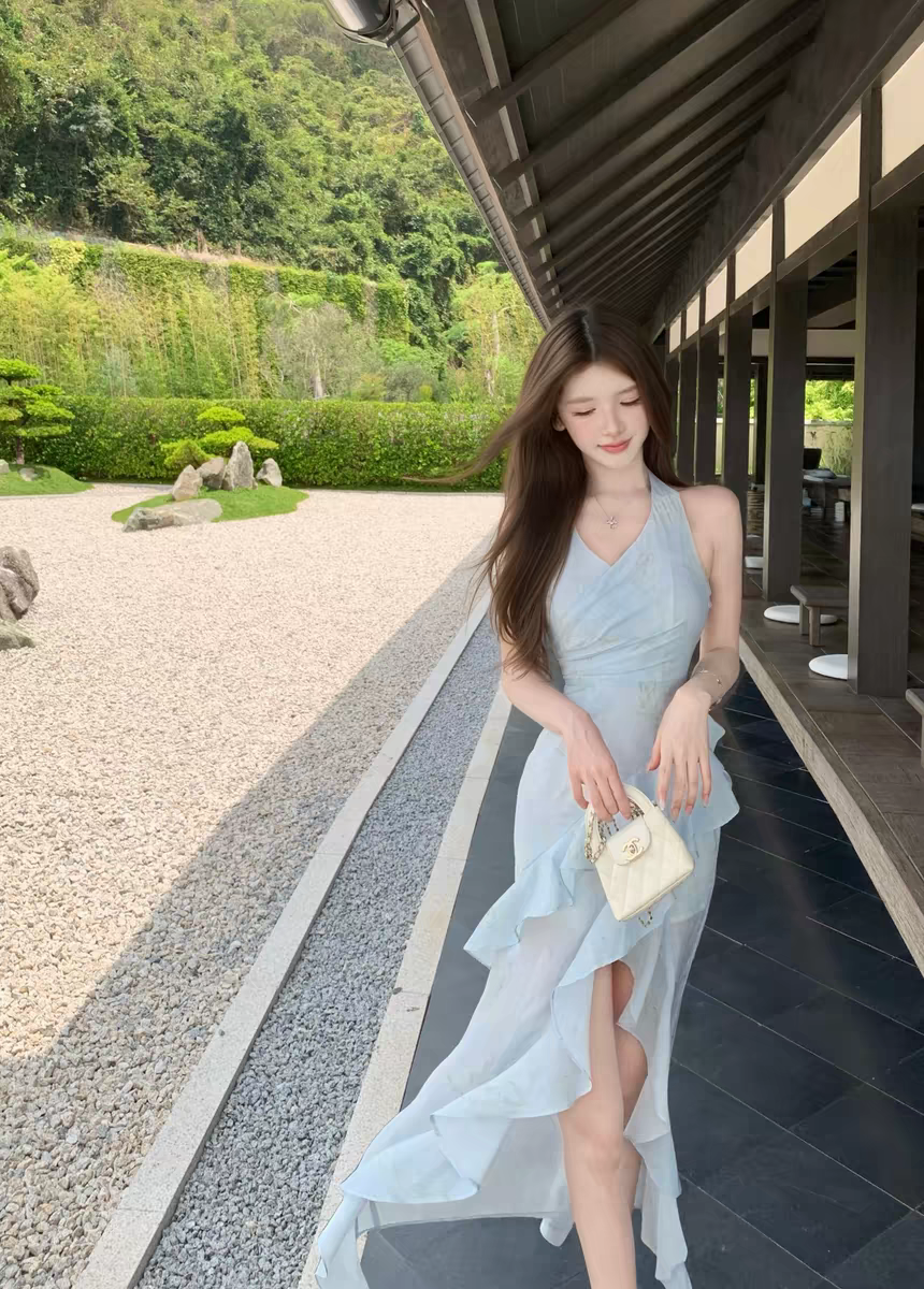 q 여자 집 4 30 블루 팅 꽃이 떨어지는 분위기 아름다움 행침 목 연꽃 잎 인어 꼬리 트임 꽃무늬 롱 스커트