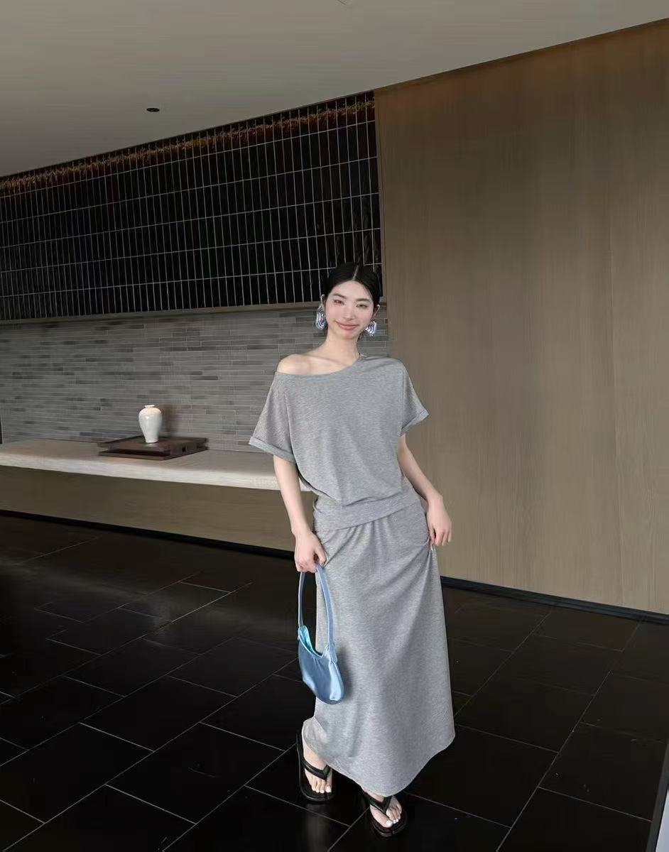 FA34887# 新款韩版时尚宽松露肩短袖上衣+松紧腰开衩半身长裙两件套 服裝批發女裝批發服飾貨源