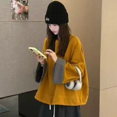 批发新款松弛感遮肉减龄圆领撞色多巴胺阔袖卷边宽松<b class='q'>卫衣</b>