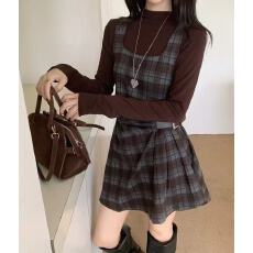 批发新款韩版时尚高级定制<b class='q'>格子</b>抽褶连衣短裙+半高领打底衫套装