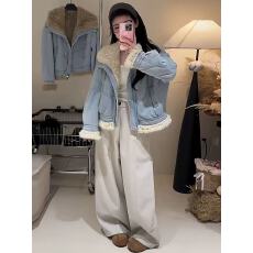 批发新款韩版时尚宽松加绒复古大<b class='q'>翻领</b>皮毛一体羊羔毛牛仔外套