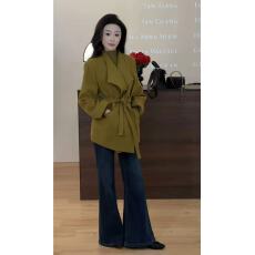 批发新款欧货老线风设计感小众绑带V领羊毛<b class='q'>西装</b>大衣外套