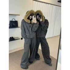 批发新款韩版<b class='q'>时尚</b>显瘦连帽毛领加绒条纹外套+松紧腰阔腿<b class='q'>裤</b><b class='q'>套装</b>