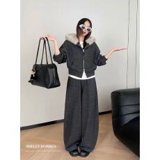 批发新款韩版时尚加绒加厚连帽加毛领<b class='q'>卫衣</b>外套+松紧腰阔腿裤套装