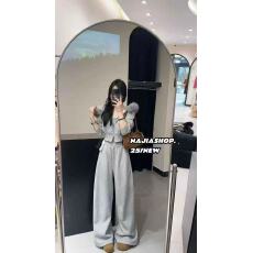 批发新款韩版收腰显瘦短款加绒连帽<b class='q'>卫衣</b>开衫+松紧腰休闲阔腿裤套装