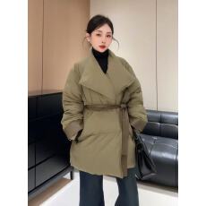 批发新款气质国标50白鸭绒PU皮拼接<b class='q'>高级</b>翻领系带中长款羽绒服外套