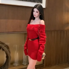 批发新款法式复古<b class='q'>高级</b>感纯欲收腰显瘦一字肩包臀毛衣短裙