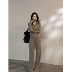 新款韩版时尚休闲慵懒羊绒上衣+高腰抽绳阔腿裤套装