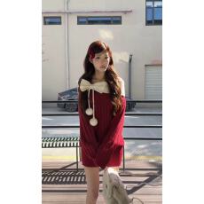 新款韩版时尚圣诞穿搭蝴蝶结辣妹风包臀短款一字肩毛衣裙