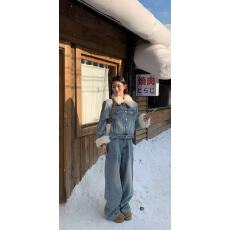 批发新款时尚御姐气质复合金貂绒毛领牛仔夹棉外套+高腰阔腿裤套装