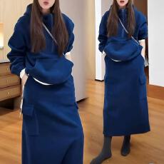 批发新款韩版慵懒风设计感加绒加厚连帽<b class='q'>卫衣</b>+松紧腰半身裙两件套