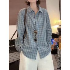 批发新款韩版时尚蓝灰色格子磨毛休闲百搭衬衣