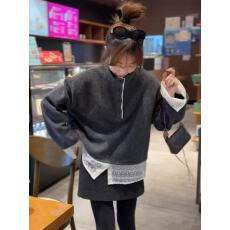 新款韩系时尚慵懒显瘦半高领蕾丝拼接假两件卫衣