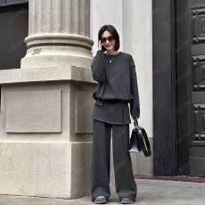 批发新款韩版时尚加绒加厚套头宽松<b class='q'>卫衣</b>+松紧腰屁帘阔腿裤套装