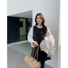 批发新款<b class='q'>韩版</b>时尚木耳边长袖衬衫+时尚百搭复古波点背心裙<b class='q'>套装</b>