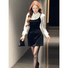 批发新款法式时尚高级感通勤百搭白色衬衫+气质收腰吊带连衣裙套装