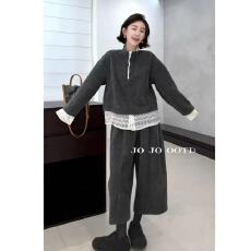 批发新款减龄温柔拼接蕾丝下摆半高领<b class='q'>卫衣</b>+松紧腰直筒八分裤<b class='q'>套装</b>