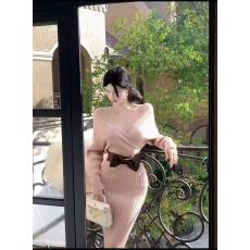 批发新款韩版时尚辣妹修身显瘦御姐风气质v领针织连衣裙+腰带