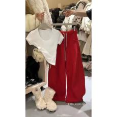 批发新款韩版时尚修身设计感U领打底短袖T恤+松紧腰休闲裤套装