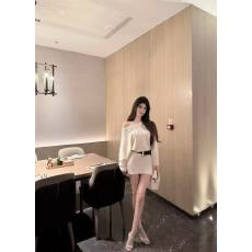 批发新款慵懒风露肩法式重工烫钻一字肩毛衣连衣裙+腰带