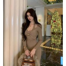 批发新款韩版时尚<b class='q'>修身</b>纯欲性感收腰假两件挂脖针织连衣裙