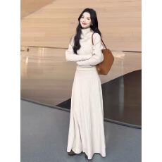 批发新款<b class='q'>韩版</b>时尚洋气减龄慵懒风高领毛衣+松紧腰半身长裙套装