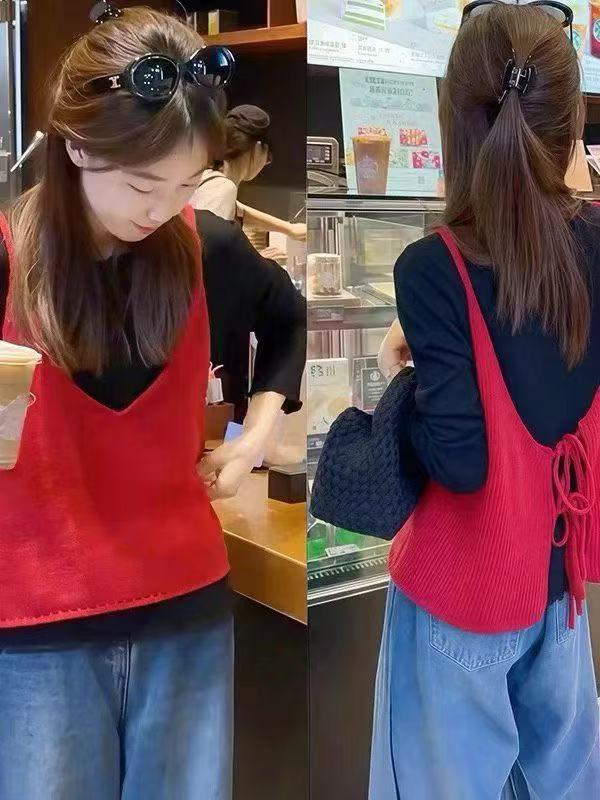 새로운 한 부서 패션 품격 다용도 긴팔 티셔츠 디자인 센스 이후 스트랩 스웨터 베스트 투피스 세트