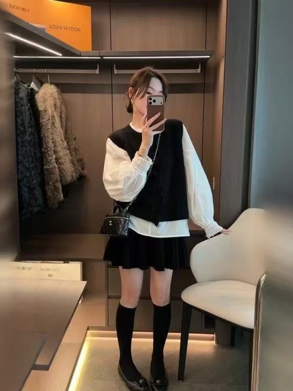 새로운 한국 스타일 패션 프릴 스웨터 조끼 스택 착용 흰 셔츠 투피스 세트