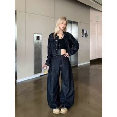 批发新款美式复古原色解构短款<b class='q'>牛仔</b><b class='q'>外套</b>+高腰阔腿弯刀裤两件套