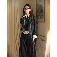 批发新款美式复古原色纽扣<b class='q'>牛仔</b>短款<b class='q'>外套</b>+高腰显瘦休闲阔腿裤套装