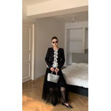 批发新款法式立领短款拼接<b class='q'>蕾丝</b>收腰西服外套+松紧腰网纱裙套装