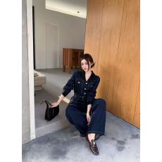 批发新款复古港风翻领高级感收腰气质拼接色牛仔连体阔腿裤+腰带