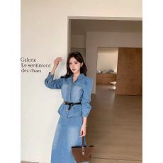 批发新款超火的减龄洋气<b class='q'>牛仔</b>上衣+高腰显瘦半身<b class='q'>长裙</b>+腰带3件套