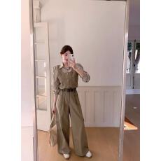 批发新款美式复古气质洗水牛仔工<b class='q'>装</b>阔腿<b class='q'>裤</b>+<b class='q'>条纹</b>衬衫+腰带3件套