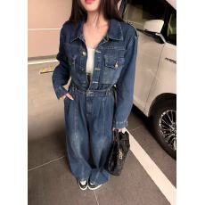 批发新款复古港风翻领高级感收腰气质牛仔连体阔腿裤+腰带