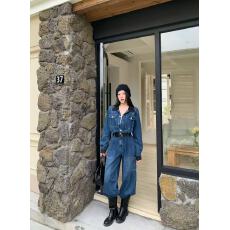 批发新款复古港风翻领高级感收腰气质拼接色牛仔连体阔腿裤+腰带