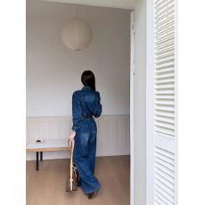 批发新款复古港风翻领高级感收腰气质水洗牛仔连体阔腿裤+腰带