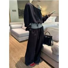 批发新款韩版简约慵懒风气质假两件斜肩上衣+松紧腰休闲裤套装