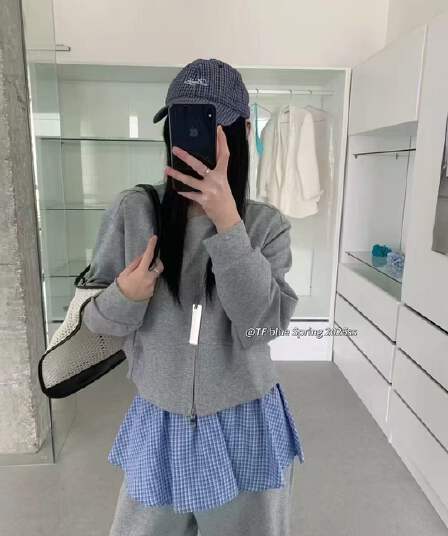 새로운 한국 스타일 패션 고급 라운드 넥 지퍼 트임 후드티 허리밴드 랩스커트팬츠 와이드 레그 팬츠 세트