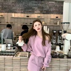 批发新款韩版时尚休闲纯色宽松斜肩<b class='q'>卫衣</b>+松紧腰抽绳短裙套装