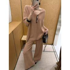 批发新款慵懒风V领针织华夫格短袖T恤+宽松显瘦阔腿裤两件套