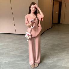 批发新款慵懒风<b class='q'>V领</b>针织短袖<b class='q'>T</b><b class='q'>恤</b>+宽松显瘦阔腿裤两件套