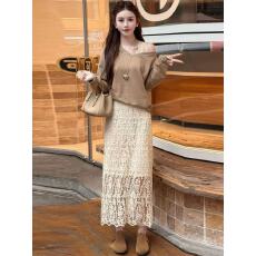 批发新款韩版时尚慵懒风气质宽松露肩<b class='q'>卫衣</b>+高腰蕾丝半身裙两件套