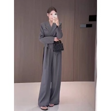 批发新款韩版时尚轻熟风收腰绑带不规则<b class='q'>西装外套</b>+阔腿裤<b class='q'>两件</b>套