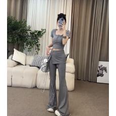 批发新款韩版时尚修身显瘦短袖上衣+高腰假两件微喇叭裤套装