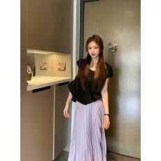 新款高级感温柔气质收腰V领上衣+松紧腰半身长裙+腰带3件套